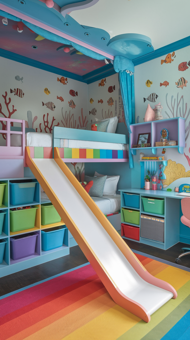 Bunk Beds with a Twist: Opt for creative bunk beds with built-in storage or a slide for added fun.

Themed Decor: Choose a fun theme like outer space, underwater, or favorite characters, using wall decals and bedding.

Lofted Beds: Create more floor space by lofting the bed and using the area underneath for a play space or desk.

Wall Murals: Use a wall mural to create an exciting focal point that transforms the room without taking up space.

Colorful Storage Solutions: Incorporate bright and cheerful bins, shelves, or carts to keep toys organized and accessible.

Multipurpose Furniture: Choose a bed with drawers or a nightstand that doubles as a toy box to maximize storage.

Reading Nook: Create a cozy corner with cushions, a small bookshelf, and soft lighting to encourage reading.

Creative Wall Hooks: Use decorative hooks to hang backpacks, hats, or artwork, adding character while saving floor space.

Foldable Furniture: Consider a fold-out desk or wall-mounted table that can be tucked away when not in use.

Bright Rugs: Add a colorful area rug to define the space and make the room feel warm and inviting.

DIY Art Gallery: Hang their artwork in frames or on a wire display to personalize the space and inspire creativity.

Under-Bed Storage: Utilize the space under the bed with rolling bins or drawers for out-of-season clothes and toys.

Magic Canopy: Install a fabric canopy over the bed for a whimsical touch, making it feel like a special retreat.