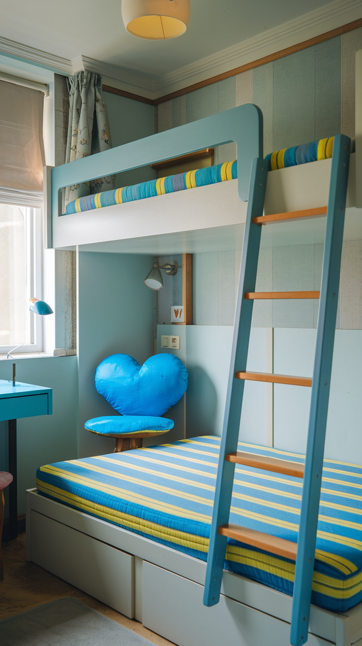 1. Bunk Beds: Maximize Space with Stylish Bunk Beds

When it comes to small bedrooms, bunk beds are a lifesaver. They maximize floor space by stacking two beds, making them perfect for siblings or sleepovers. Not only do they free up the room for other activities, but bunk beds also add a playful element kids love. Whether it’s a classic two-bed setup or something more elaborate with a built-in desk or storage underneath, bunk beds are the go-to solution for small spaces.

For families with siblings sharing a room, bunk beds create more room for storage, toys, or even a small play area. You can customize the design with fun features like a ladder or slide to turn bedtime into an adventure. Modern bunk beds also offer additional features like integrated shelves or pull-out drawers, making them a functional and stylish addition to any small bedroom.

Safety Tip:

Always ensure that the bunk beds you choose come with safety rails on the top bunk to prevent falls and are sturdy enough to support your growing child.