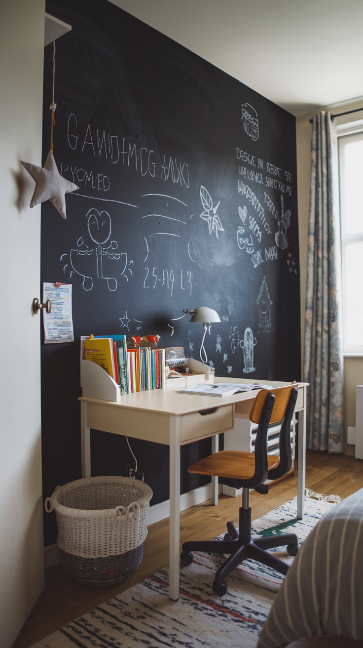 Interactive Wall Art: Encourage Creativity with Chalkboard Paint

Transform one wall into a creative zone with chalkboard or whiteboard paint. This turns a section of the room into an interactive space where your child can draw, write, and express their creativity. Chalkboard walls are great for drawing or keeping track of homework, while whiteboards can be used for messages or creative play.

The best part is that the artwork can change daily, keeping the decor fresh and fun. Interactive wall art is perfect for sparking imagination and making the room a dynamic environment for both play and learning.