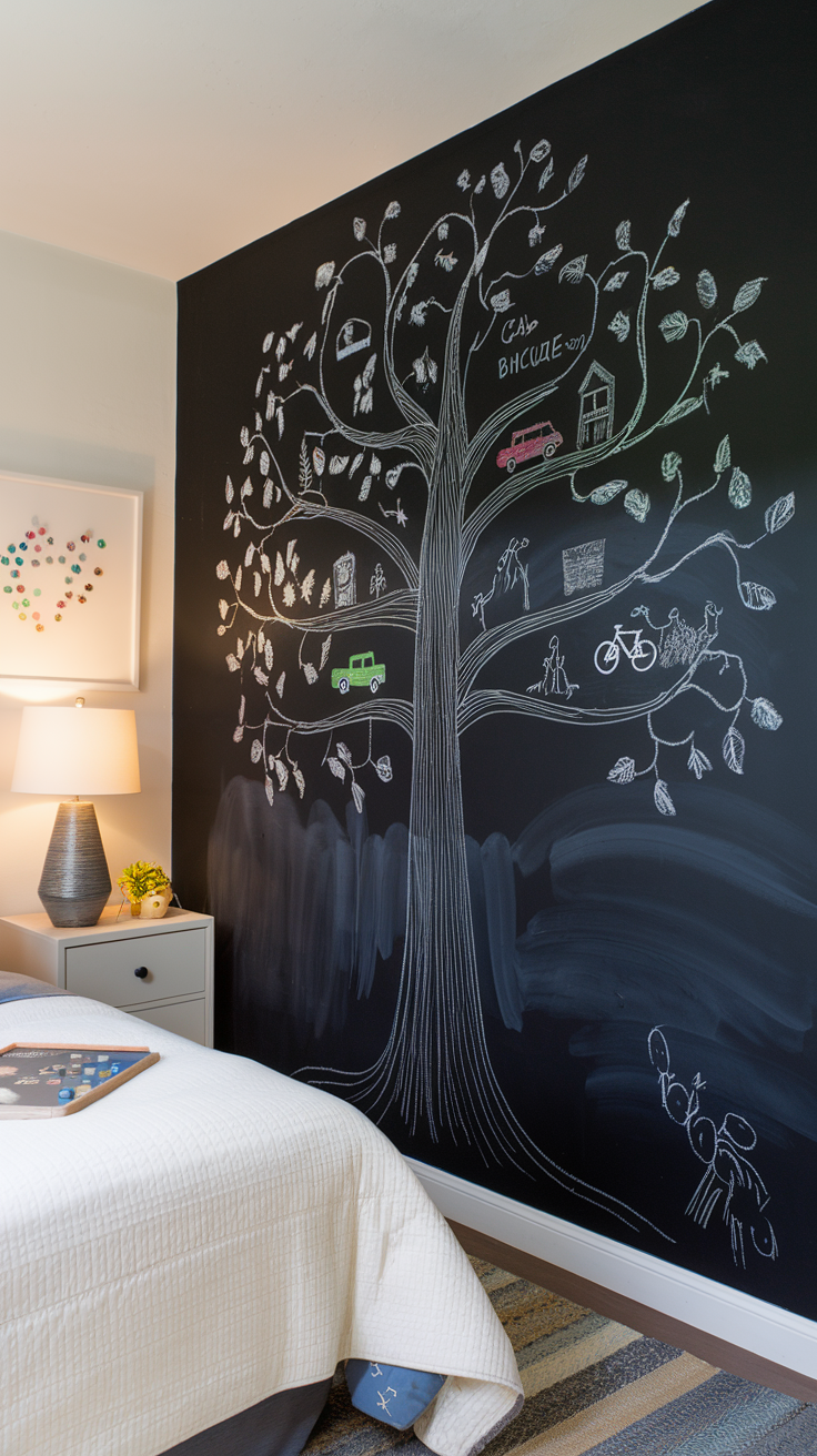 Interactive Wall Art: Encourage Creativity with Chalkboard Paint

Transform one wall into a creative zone with chalkboard or whiteboard paint. This turns a section of the room into an interactive space where your child can draw, write, and express their creativity. Chalkboard walls are great for drawing or keeping track of homework, while whiteboards can be used for messages or creative play.

The best part is that the artwork can change daily, keeping the decor fresh and fun. Interactive wall art is perfect for sparking imagination and making the room a dynamic environment for both play and learning.