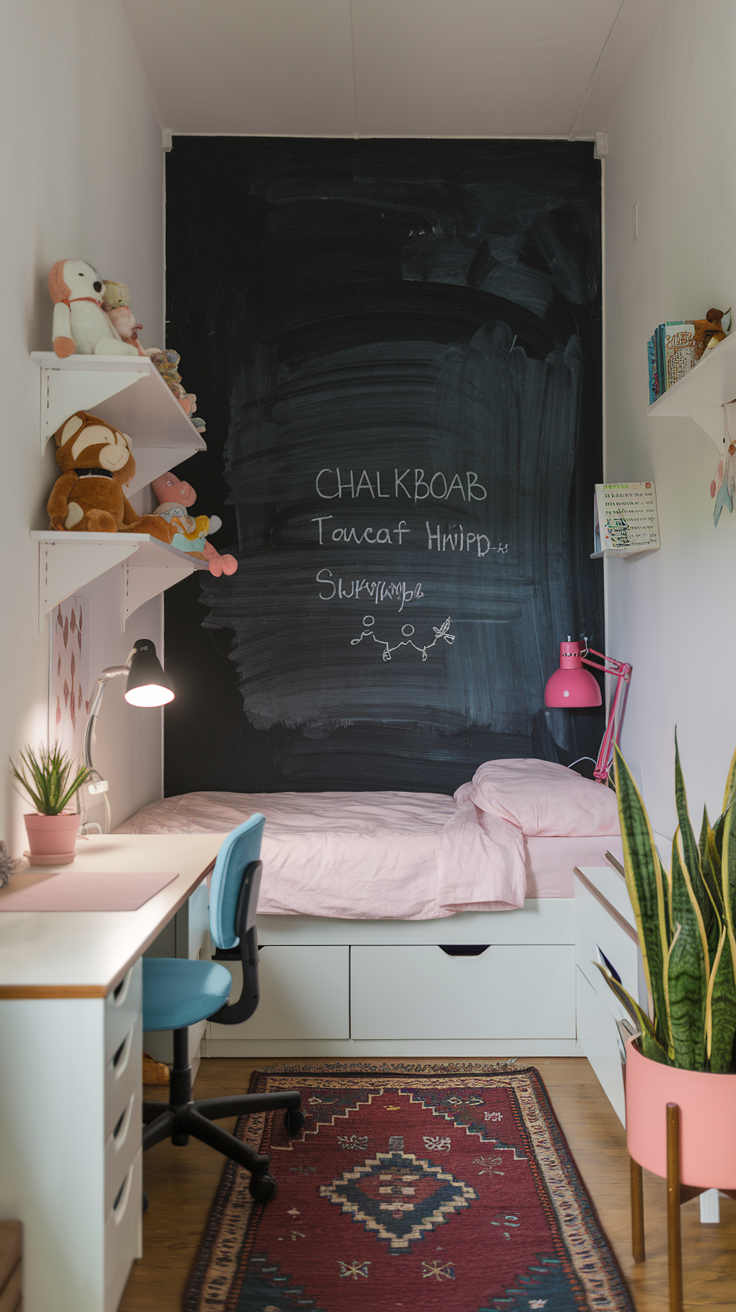 Interactive Wall Art: Encourage Creativity with Chalkboard Paint

Transform one wall into a creative zone with chalkboard or whiteboard paint. This turns a section of the room into an interactive space where your child can draw, write, and express their creativity. Chalkboard walls are great for drawing or keeping track of homework, while whiteboards can be used for messages or creative play.

The best part is that the artwork can change daily, keeping the decor fresh and fun. Interactive wall art is perfect for sparking imagination and making the room a dynamic environment for both play and learning.