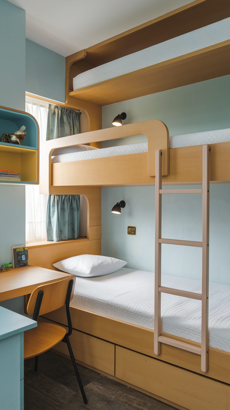 1. Bunk Beds: Maximize Space with Stylish Bunk Beds

When it comes to small bedrooms, bunk beds are a lifesaver. They maximize floor space by stacking two beds, making them perfect for siblings or sleepovers. Not only do they free up the room for other activities, but bunk beds also add a playful element kids love. Whether it’s a classic two-bed setup or something more elaborate with a built-in desk or storage underneath, bunk beds are the go-to solution for small spaces.

For families with siblings sharing a room, bunk beds create more room for storage, toys, or even a small play area. You can customize the design with fun features like a ladder or slide to turn bedtime into an adventure. Modern bunk beds also offer additional features like integrated shelves or pull-out drawers, making them a functional and stylish addition to any small bedroom.

Safety Tip:

Always ensure that the bunk beds you choose come with safety rails on the top bunk to prevent falls and are sturdy enough to support your growing child.