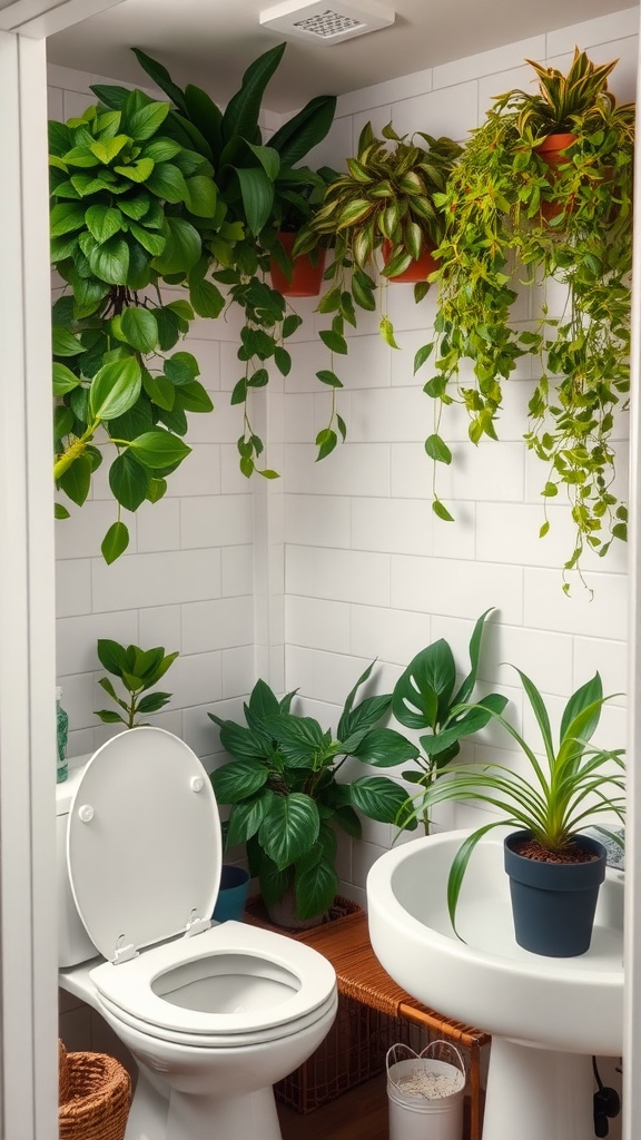 Small bathroom with various plants adding greenery and freshness.