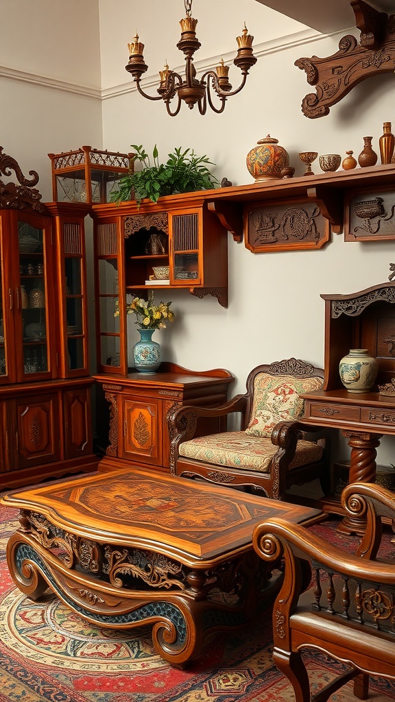 An elegantly furnished room featuring finely crafted wooden furniture with intricate designs.