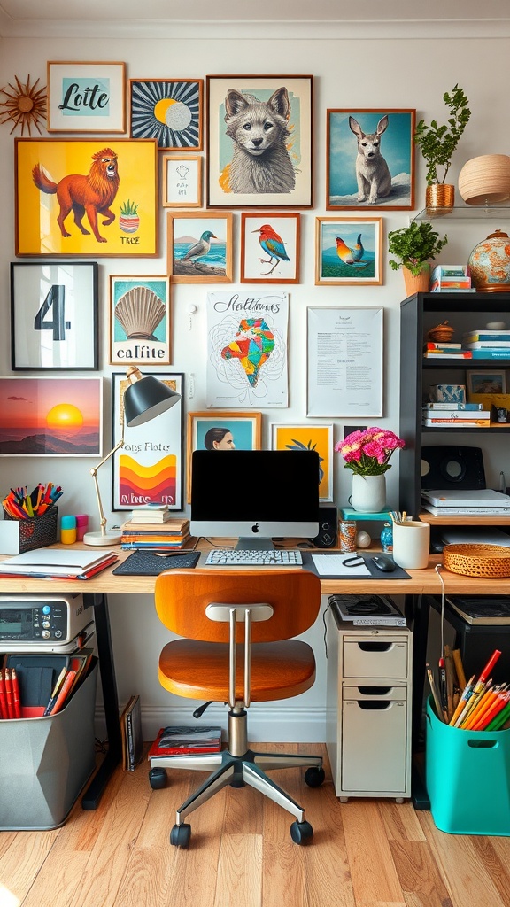 A vibrant home office with a gallery wall featuring various framed artworks and a stylish wooden desk.