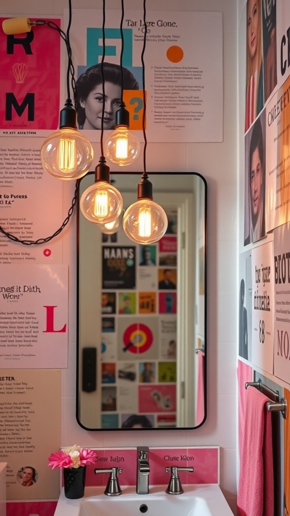 Artistic pendant lights hanging above a bathroom mirror with colorful wall art.