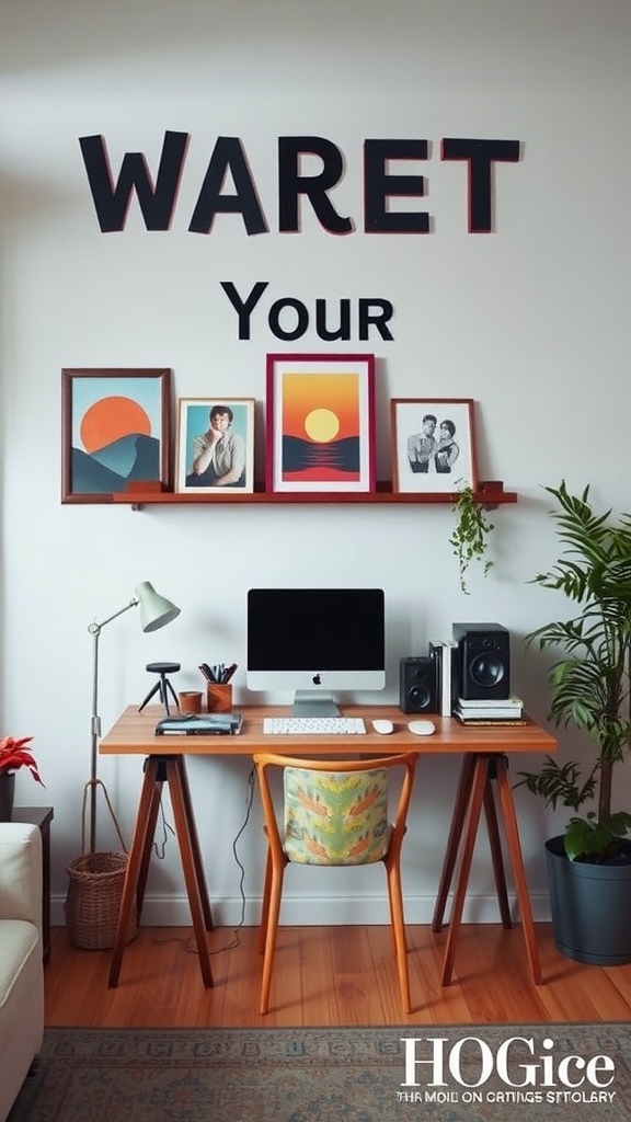 A wall-mounted desk with artwork and decor in a cozy living room setting.