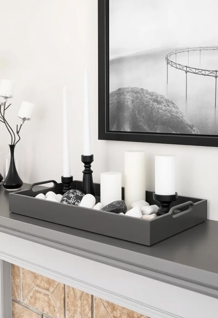 21 Minimalist Living Room Mantle Decor Ideas That Scream Elegance! - 21. Monochrome Decorative Trays