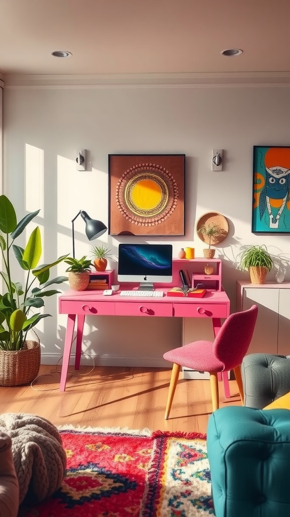 A colorful living room workspace featuring a pink desk, cozy chair, and vibrant decor.