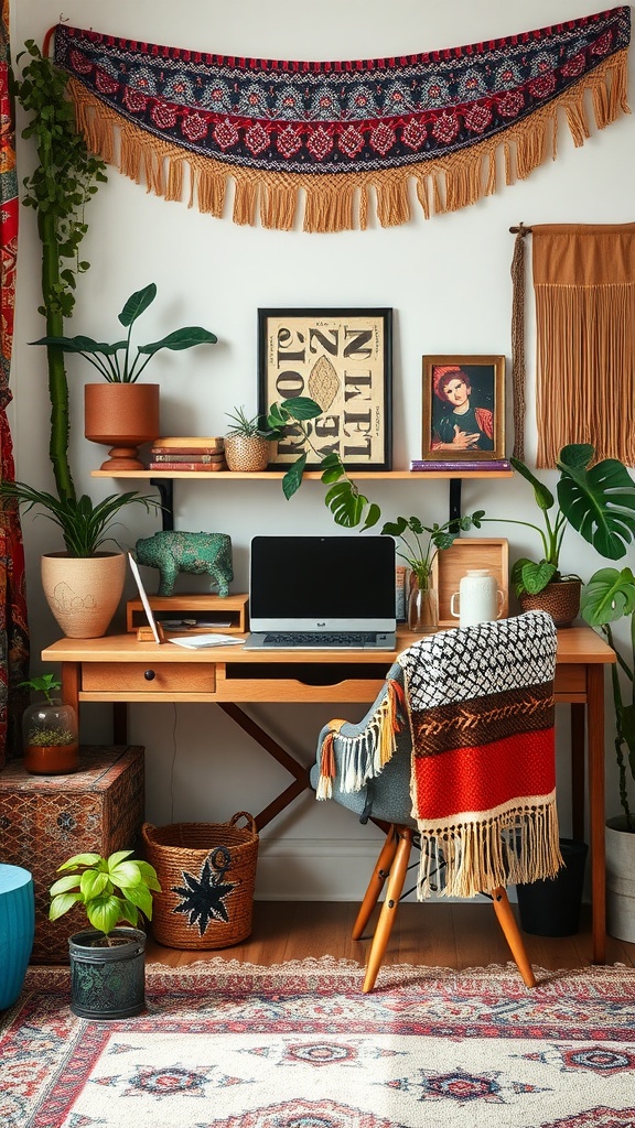 A stylish bohemian-inspired desk setup featuring colorful textiles and plants.