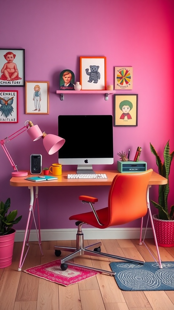 A colorful home office setup featuring an orange chair, pink wall, and various art pieces.