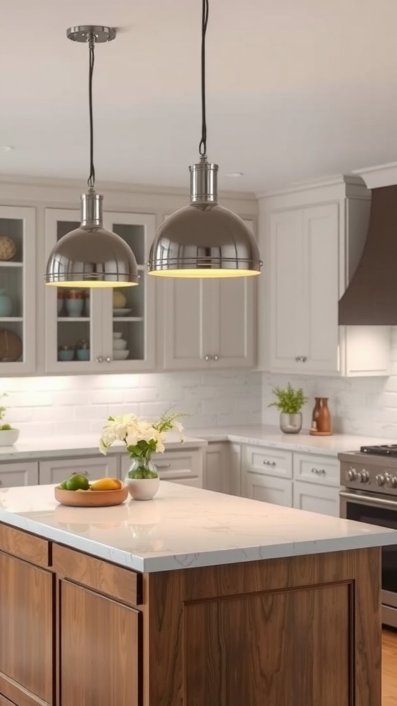 Brushed nickel pendant lights hanging over a kitchen island.