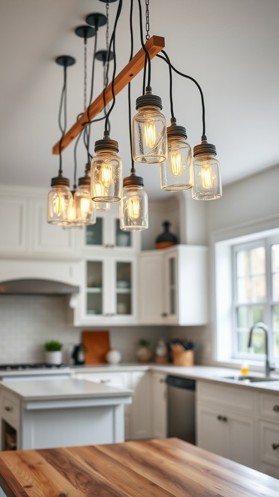 Cascade of hanging mason jars as kitchen island lighting