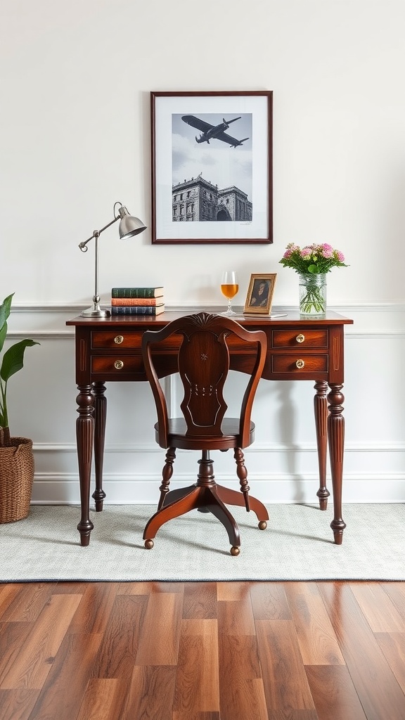 A classic wooden standing desk setup featuring a lamp, books, a glass of drink, and a floral arrangement.