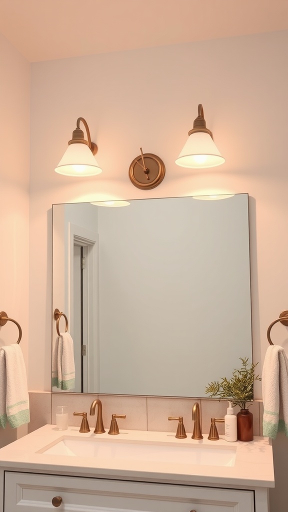 A bathroom featuring classic double vanity lights over a mirror, showcasing a stylish setup.