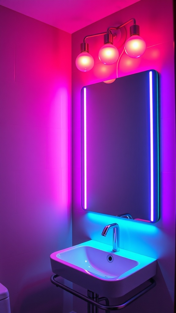 Color-changing smart bulbs illuminating a stylish bathroom mirror