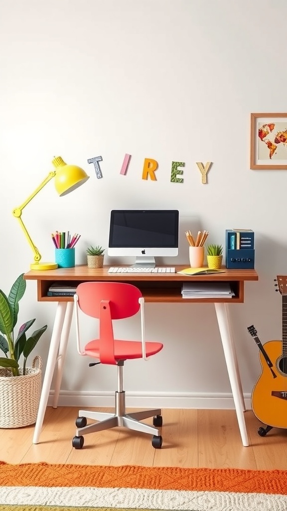 A vibrant standing desk setup with a yellow lamp, red chair, and colorful decor.