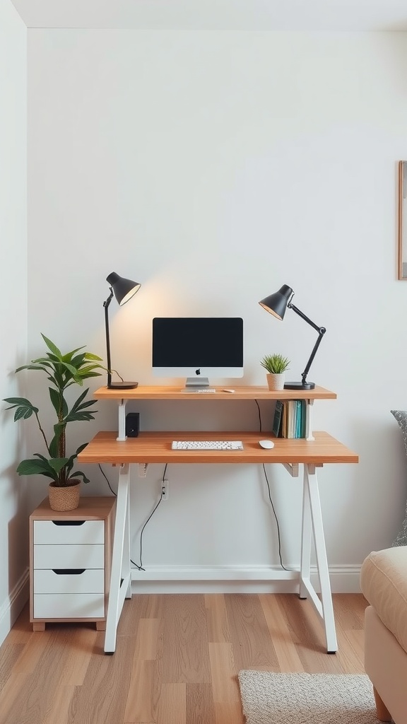 A compact standing desk setup with a computer, two lamps, and a plant, designed for small spaces.