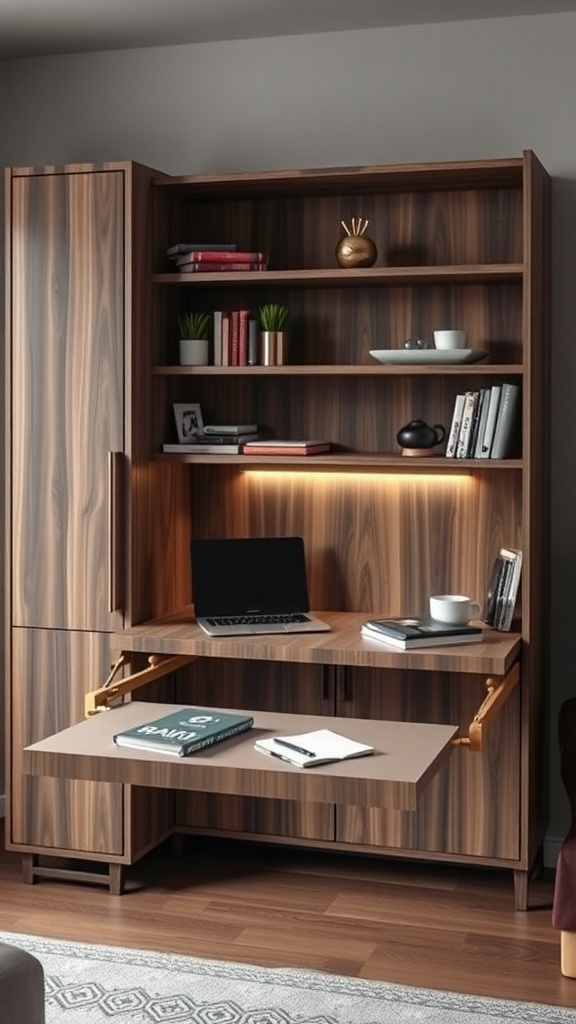 A modern compact pull-out desk in a living room setting.