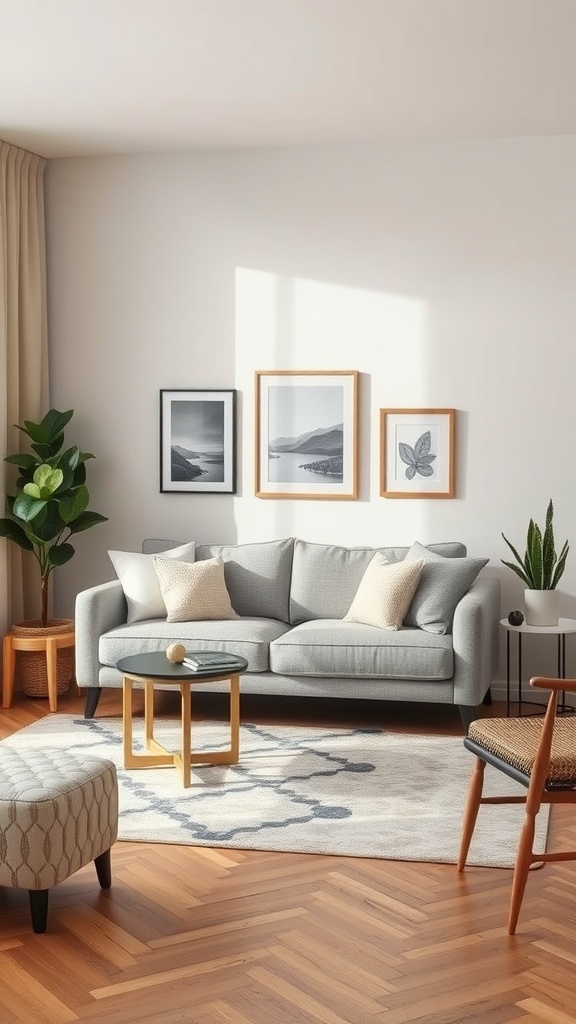 A modern living room featuring a light gray sectional sofa, round coffee table, and stylish accents.