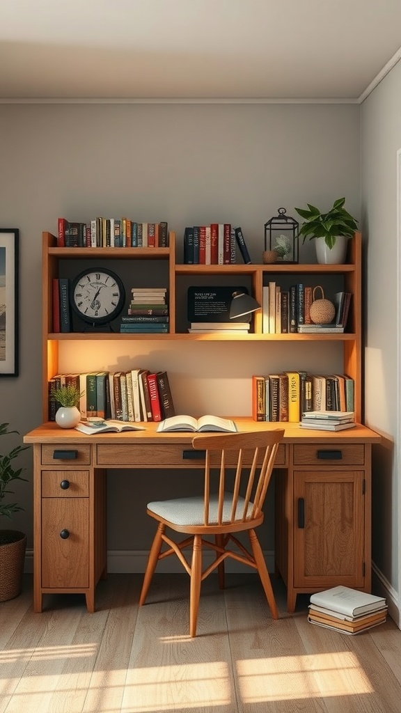 A cozy reading nook with a wooden desk, chair, and shelves filled with books, creating a warm and inviting atmosphere.