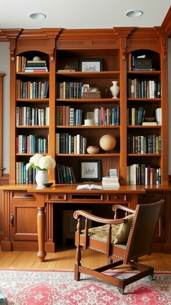 Craftsman-style built-in shelves with books and decorative items