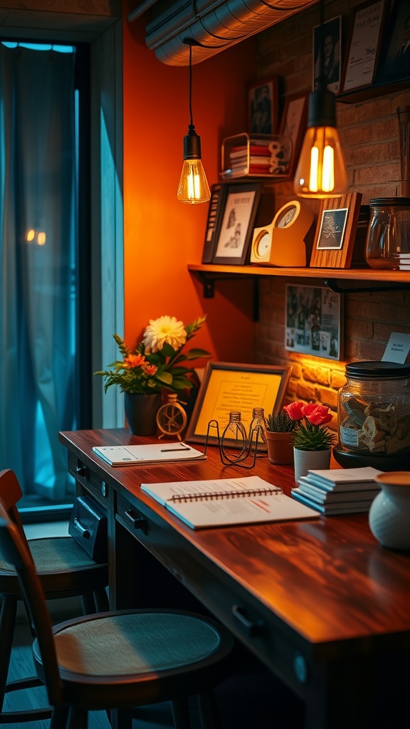 A cozy workspace featuring warm hanging bulbs, plants, and organized desk items.