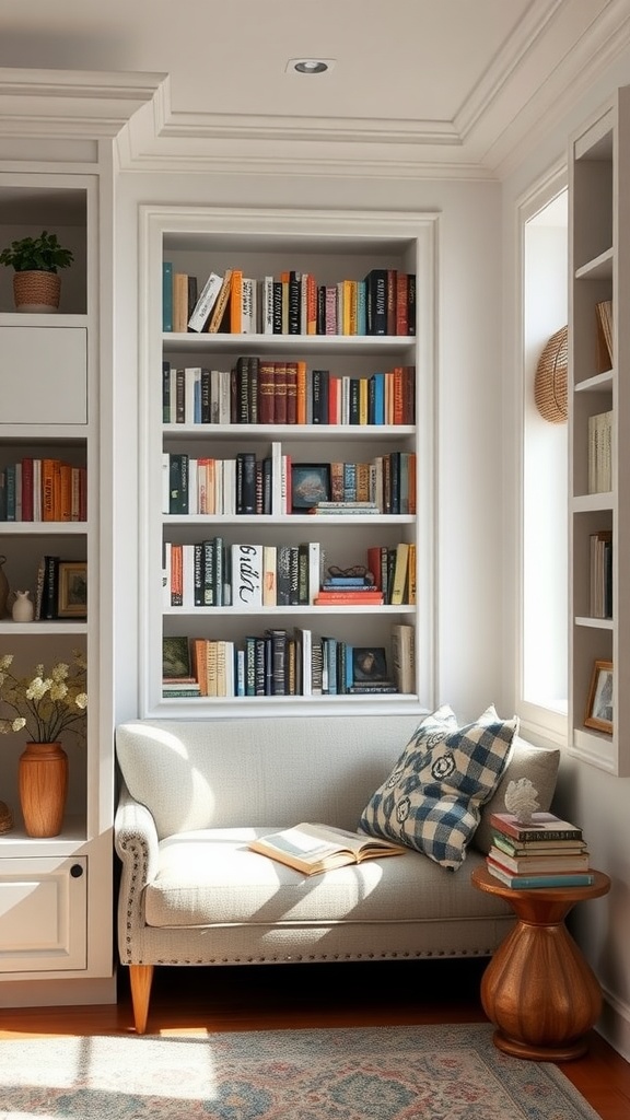 A cozy living room nook with a comfortable chair, bookshelves filled with books, and natural light.