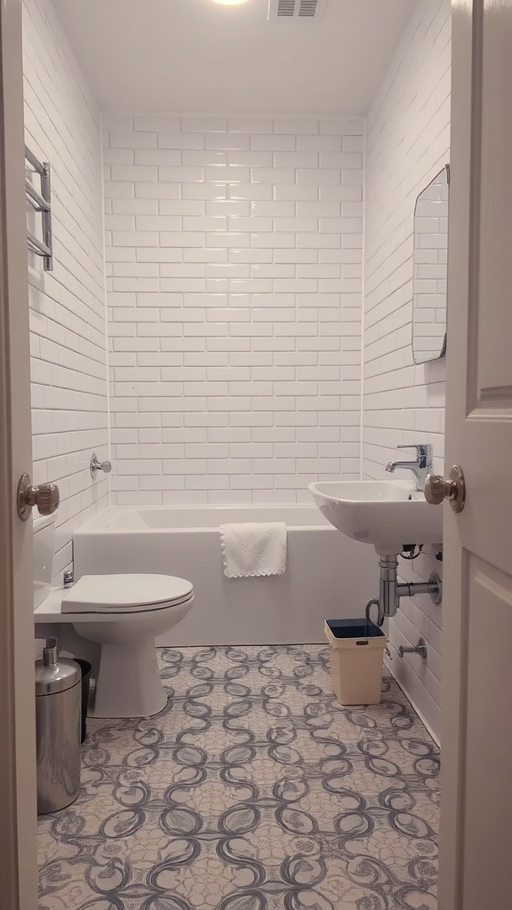 A small bathroom featuring white subway tiles on the walls and intricate patterned tiles on the floor.