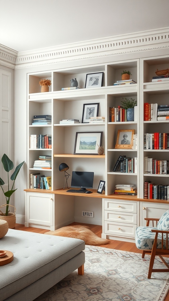 A stylish living room featuring a bookcase designed as a desk, equipped with a computer and decor.