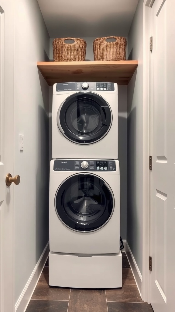 A small laundry room with stacked washing machine and dryer, featuring a shelf above for storage.