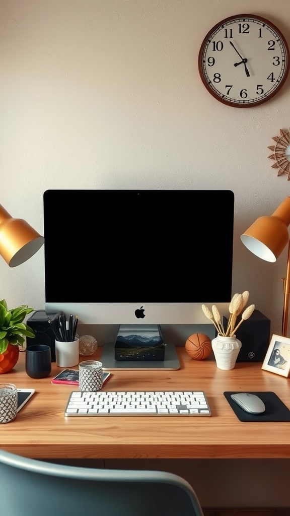 A stylish and organized desk with a computer, plants, and personal decorations.