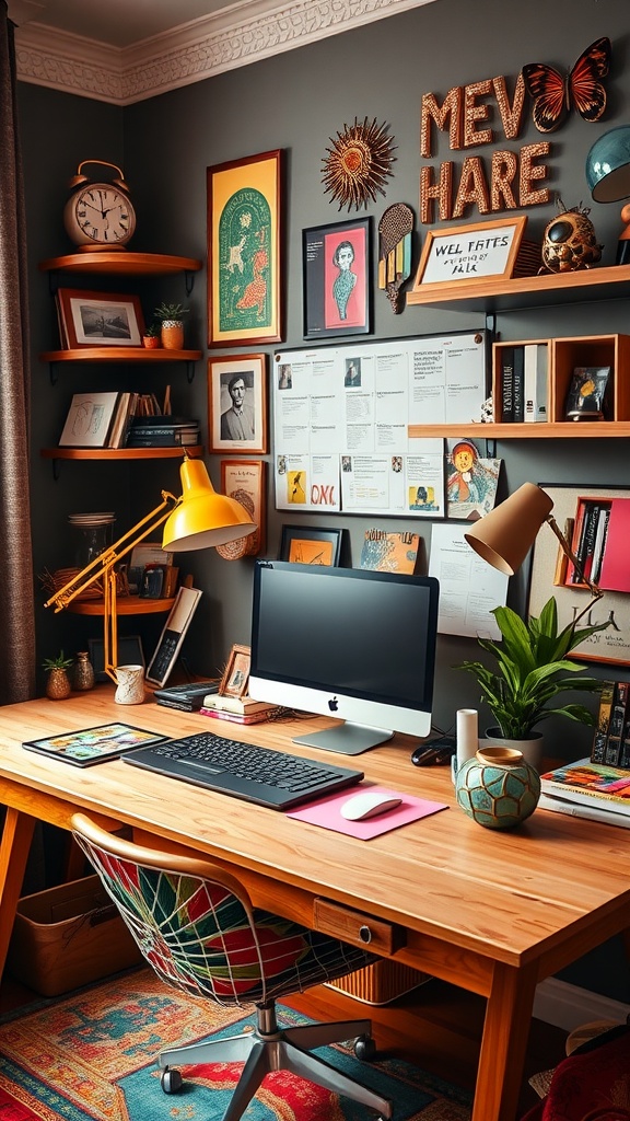 A cozy home office featuring a mix of art, plants, and stylish decor.