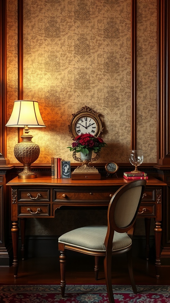 A classic wooden desk with a lamp, clock, and flowers in an elegant setting.