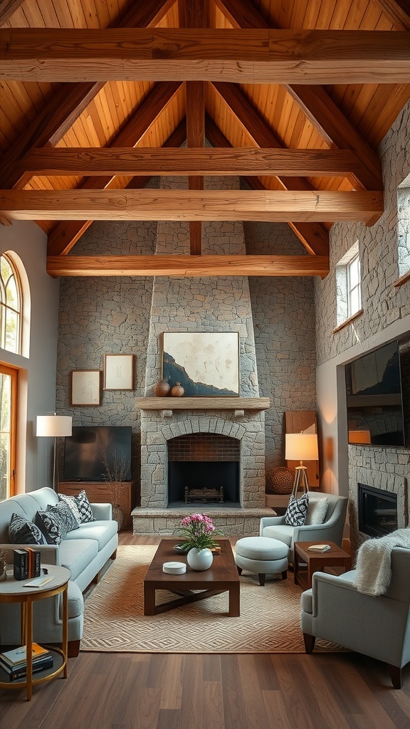 A cozy living room with natural wood beams, stone fireplace, and comfortable furniture.