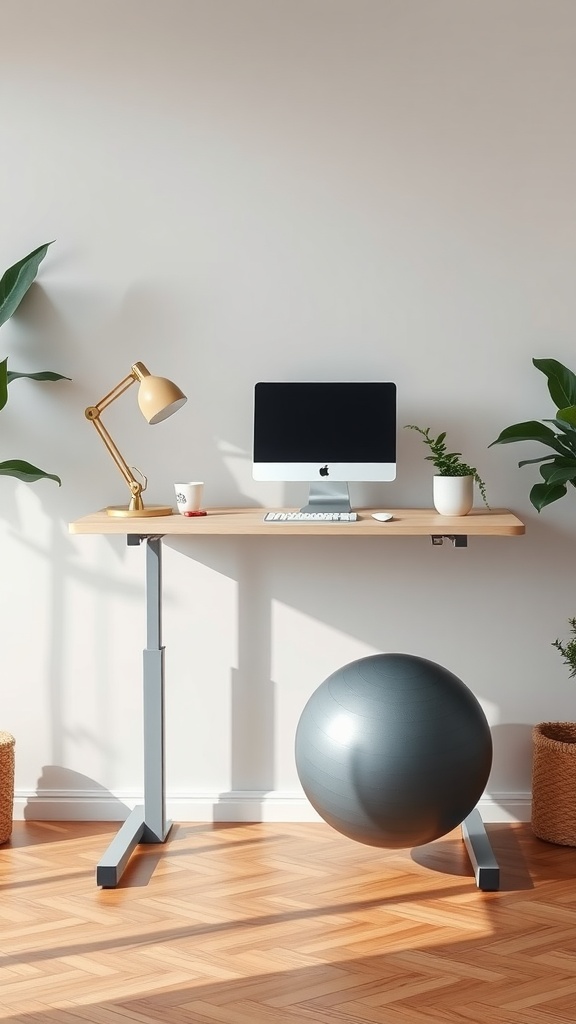 A stylish standing desk setup featuring a computer, a lamp, and a stability ball.