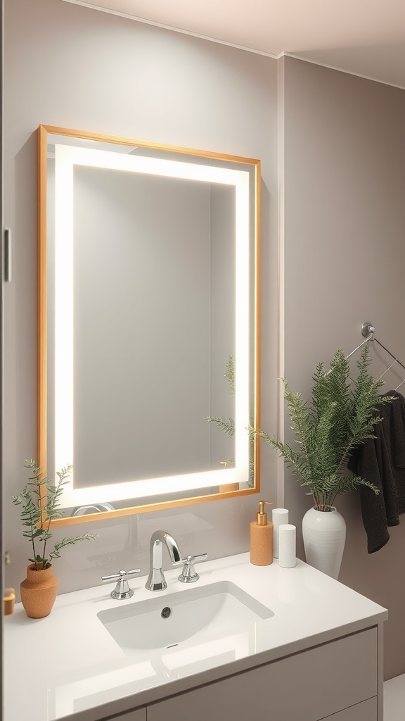 A modern bathroom featuring a framed backlit mirror above a sleek sink with decorative plants.