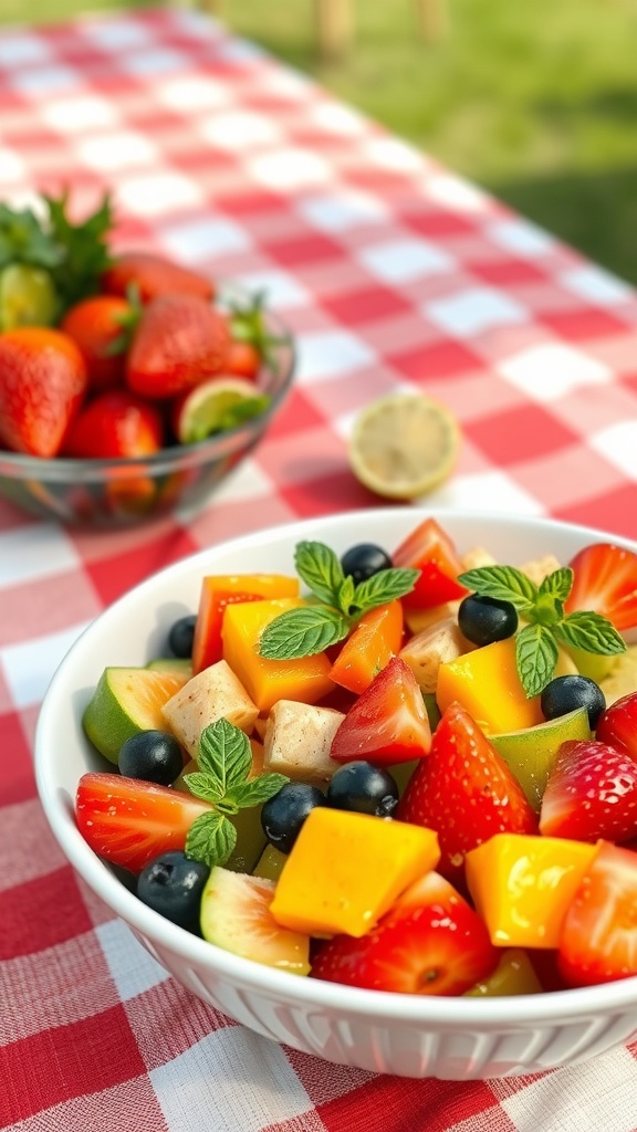 A colorful bowl of fruit salad featuring strawberries, mango, kiwi, blueberries, and watermelon garnished with mint.