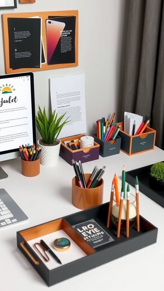 A stylish and organized desk featuring various desk organizers with pens, plants, and papers.