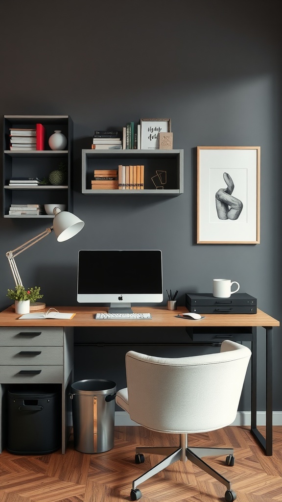 Stylish home office with functional storage solutions, including shelves and desk.