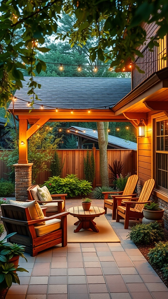 Cozy outdoor seating area with wooden chairs, a table, and warm string lights.