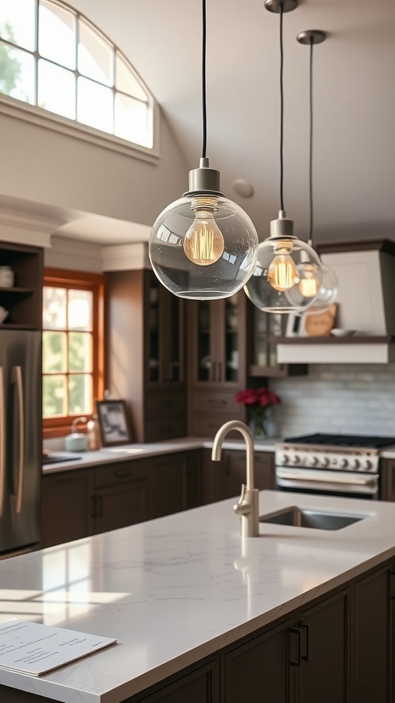 Three glass globe pendant lights hanging over a kitchen island.