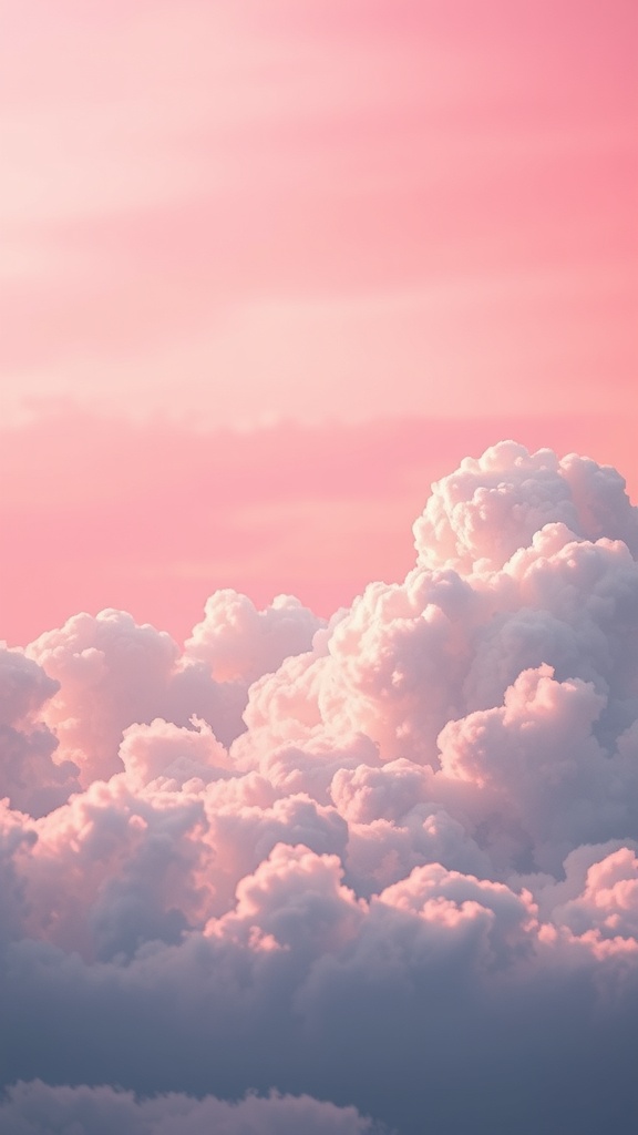 A gradient pink sky filled with soft, fluffy clouds.