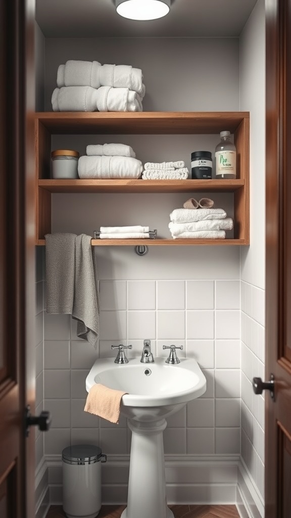 Small bathroom with open shelving displaying neatly arranged towels and toiletries.