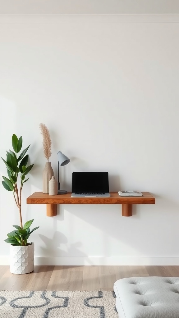 Floating desk with a laptop, lamp, and decorative items in a living room.