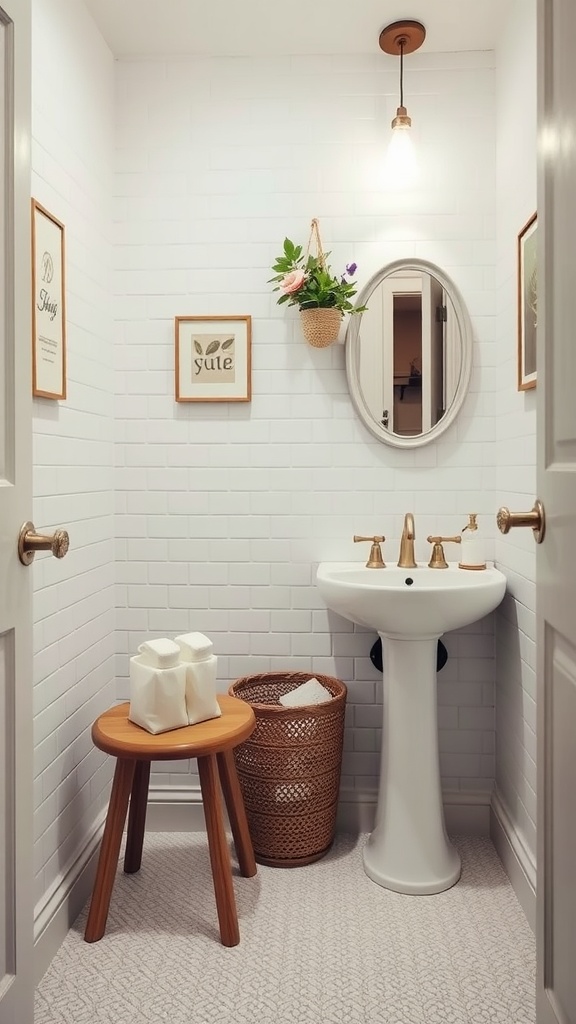 A small bathroom featuring a sink, a round mirror, a wooden stool, and a woven basket.