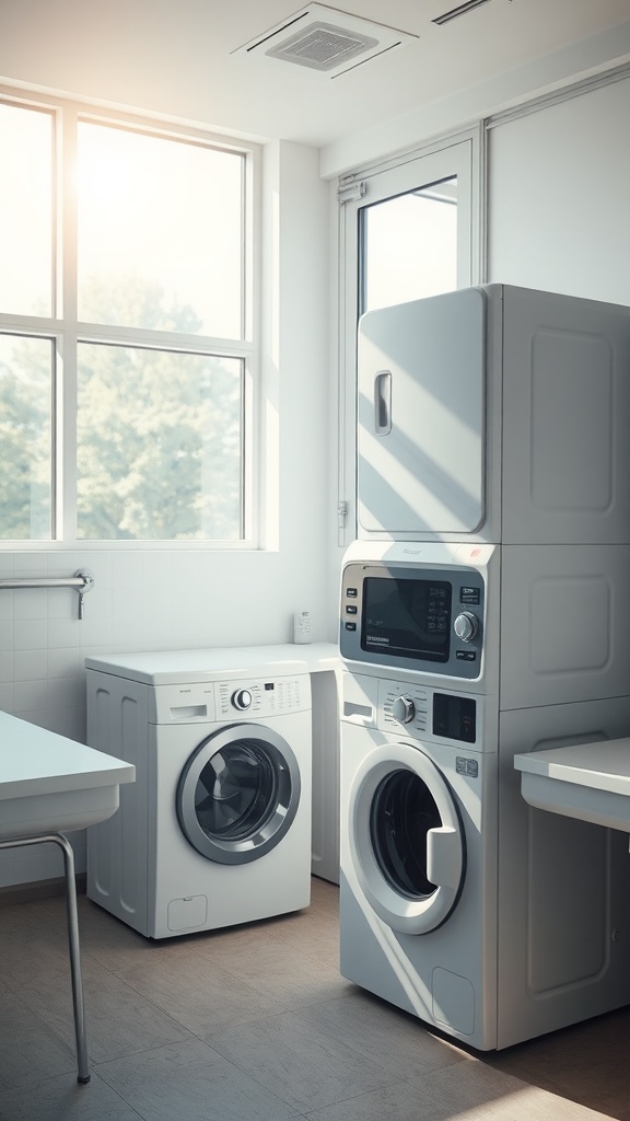 Bright and airy small laundry room with stacked machines and large windows