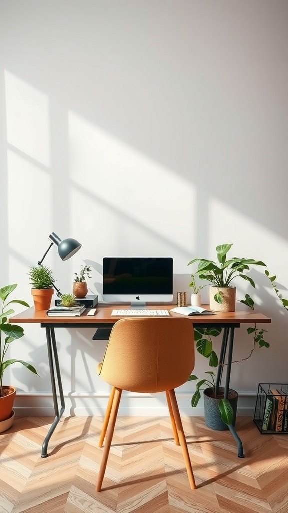 A bright and modern desk setup featuring indoor plants, a computer, and a stylish chair.