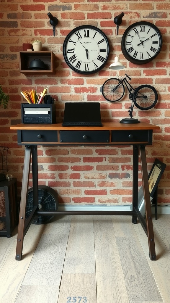 An industrial chic desk setup featuring a wooden desk with metal accents, vintage clocks on a brick wall, and decorative items.