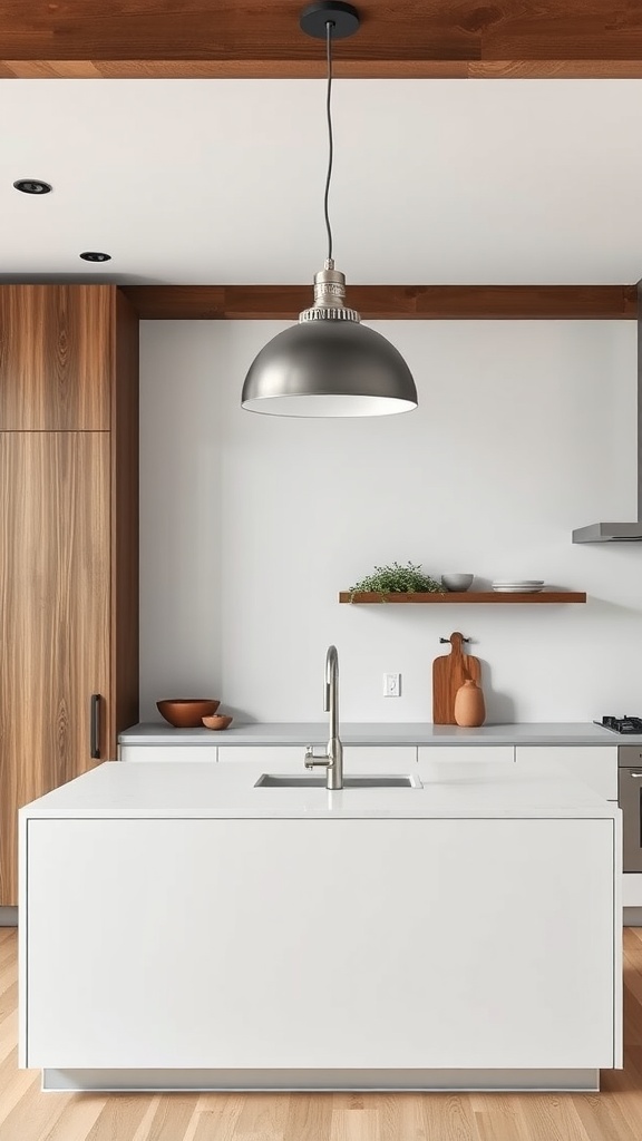 Industrial metal pendant light hanging over a modern kitchen island.